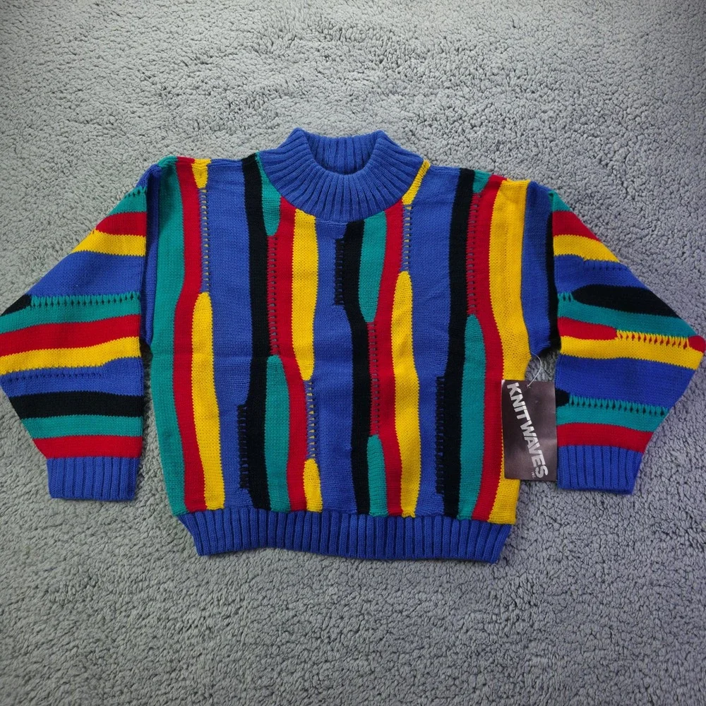 Vintage Knitwaves Kids Sweater 90s Multi Color Abstract Stripe Made in USA NWT